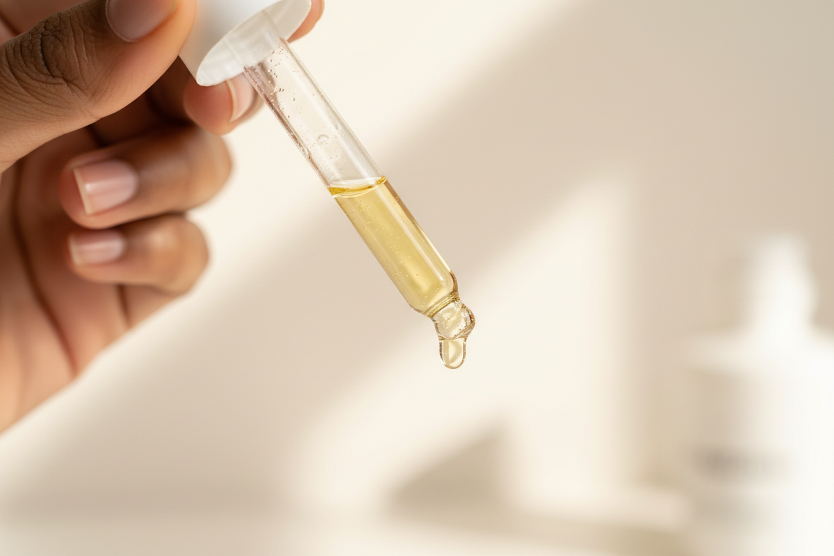 light colored oil dripping from dropper, if hand seen African american